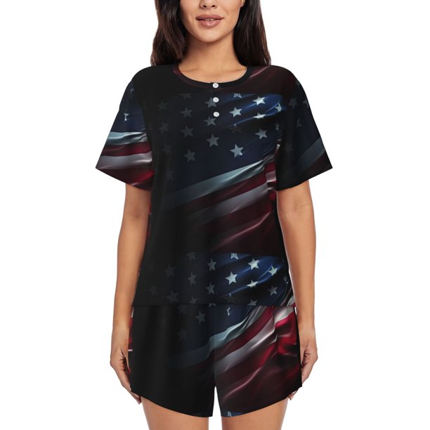 Balery American Flag Waving Print Conjunto de Pijama para Mujer con Estampado, Dos Piezas de Manga Corta y Shorts, Ropa de Dormir Suave con Cuello Redondo y Bolsillos-XX-Large