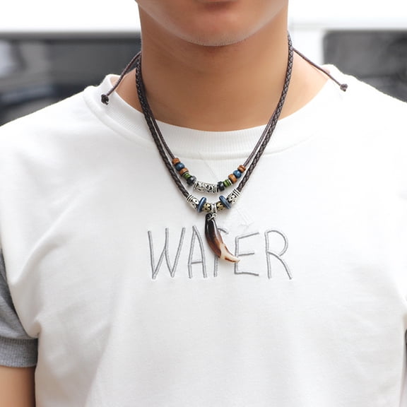 AOOOWER Tribal Necklace for Women Men Vintage Bohemian Style Ethnic Wood Beads Choker Necklace Dog Tooth Pendant Jewelry