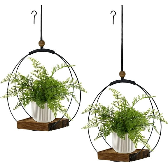 2 Pack Hanging Plant Holder for Indoor, Black Plant Hanger with Wood Base (Plants/Pots Not Included)