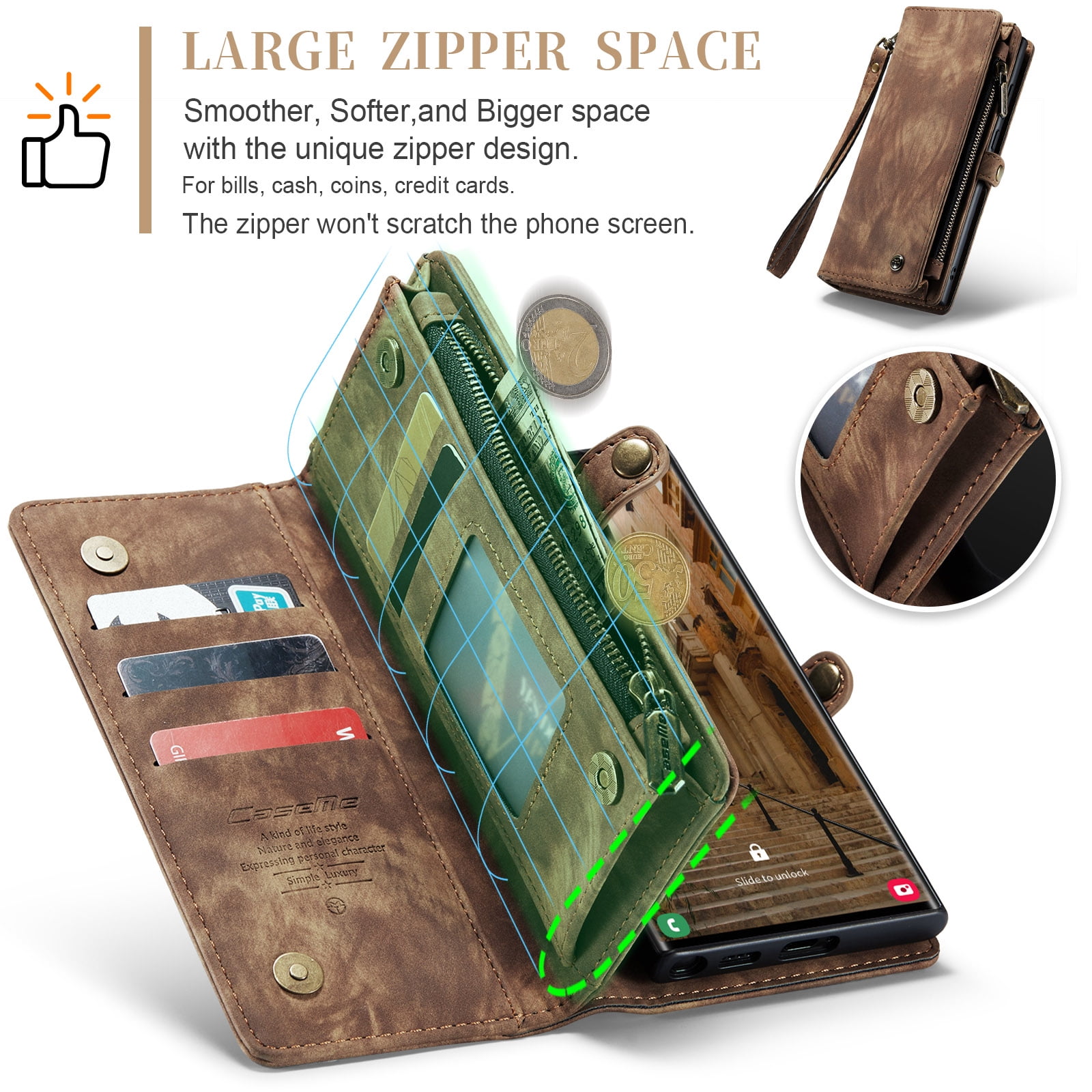 Feishell Durable 2- In-1 Magnetic Detachable Wallet Case for Samsung Galaxy S24 Ultra,for Women Men,Premium PU Leather Zipper Pocket Flip Multi Card Slots Purse Phone Case with Wrist Strap,Darkbrown