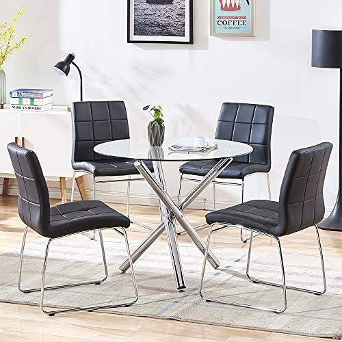 SICOTAS 5 Piece Round Dining Table Set, Modern Kitchen Table and Chairs for 4 Person,Dining Room Table Set with Clear Tempered Glass Top, Dining Set for Dining Room Kitchen (Table + 4 Black Chairs)