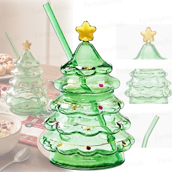 2026 Holiday New Christmas Tree Glass Cold Cup with straw Holiday Village Collection Christmas Tree Decoration Reusable Glass Tumbler for Adult Juice Milk Tea Water Beverage