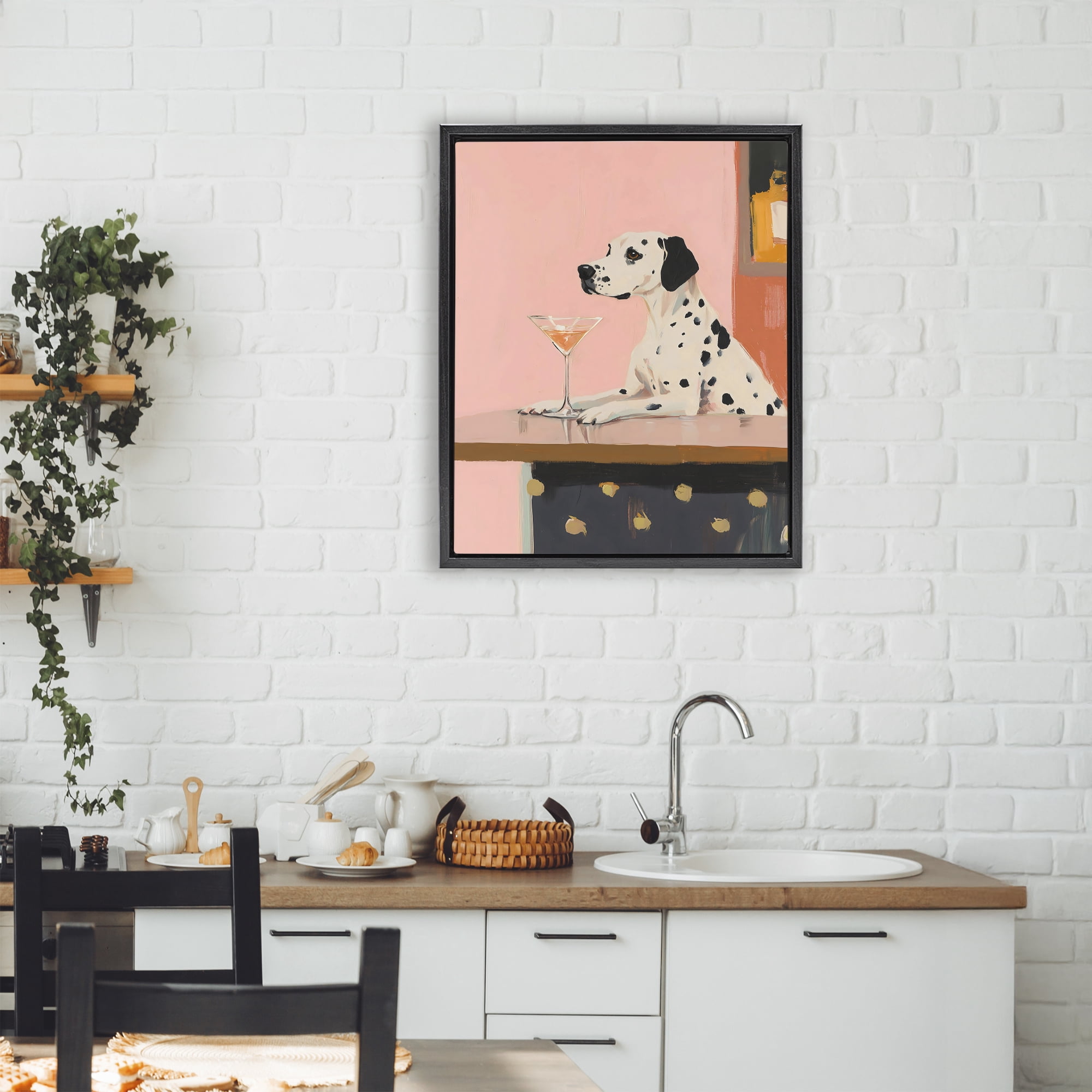 Stupell Industries Dalmatian at Cocktail Bar Black Framed Floater Canvas Wall Art, design by The Prints Vibe