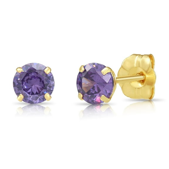 Tilo Jewelry 10K Yellow Gold Purple Round Stud Post Earrings with Cubic Zirconia CZ Birthstone | February-Amethyst | Women, Men, Unisex