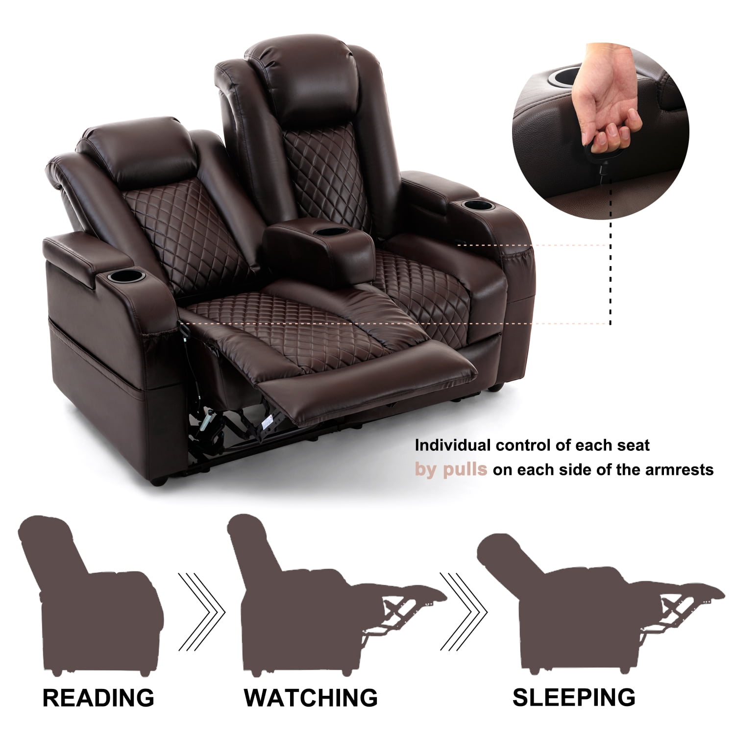 57" Loveseat Recliner, Recliner Sofa with 3 Cup Holders and 2 Pillows, Wall Hugger Recliners & 135° Reclining Loveseat (Brown PU Leather Furniture)