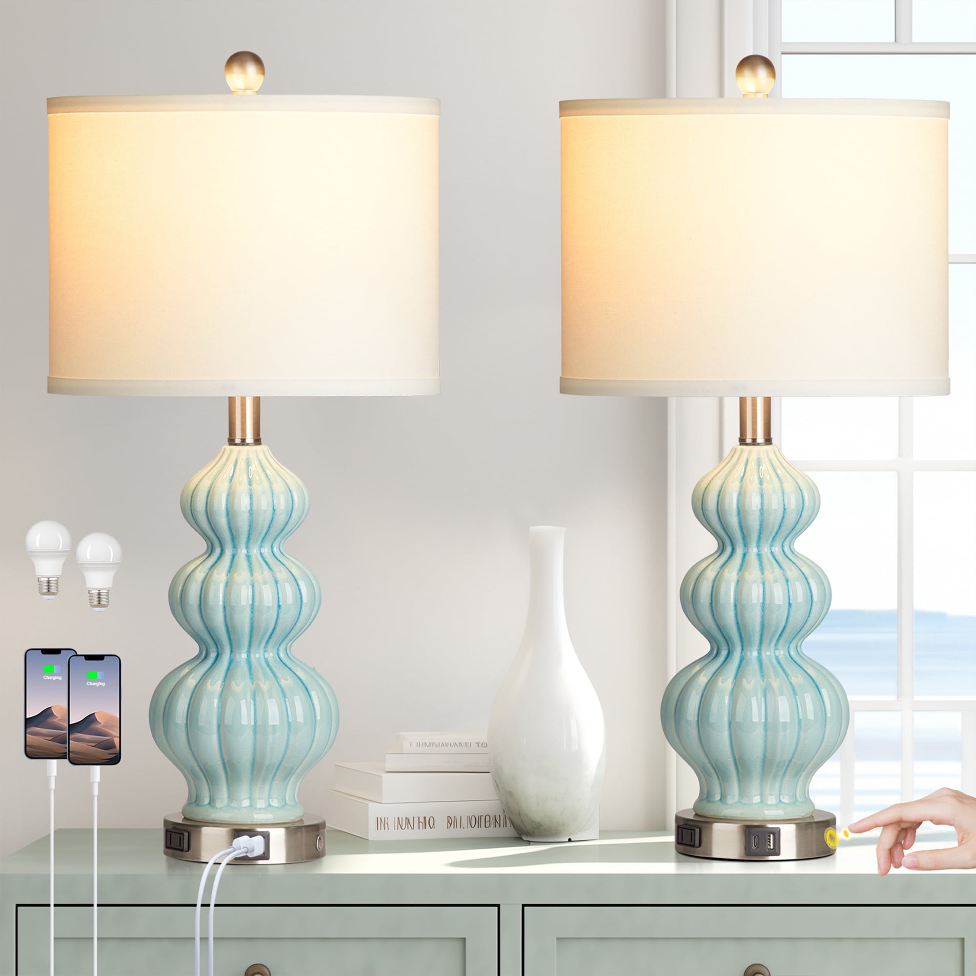 Cinkeda Triple Gourd Ceramic Table Lamp Set of 2 with USB A+C Ports AC Outlet for Bedroom Living Room Modern Blue 3 Way Dimmable Touch Control Bedside Nightstand Lamps