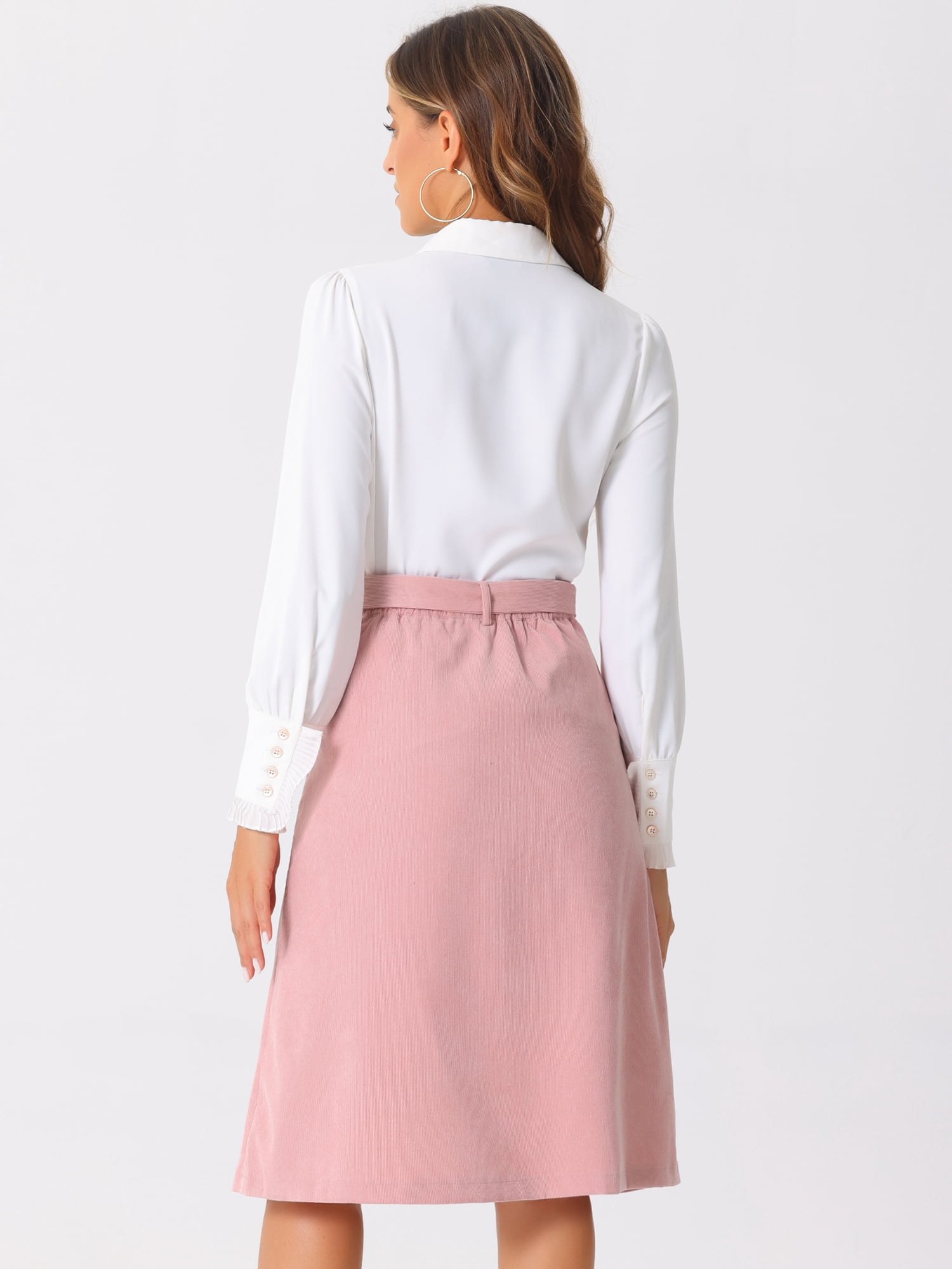 DARING DIVA Women's A-Line Belted Fall Midi Corduroy Skirt S Pink