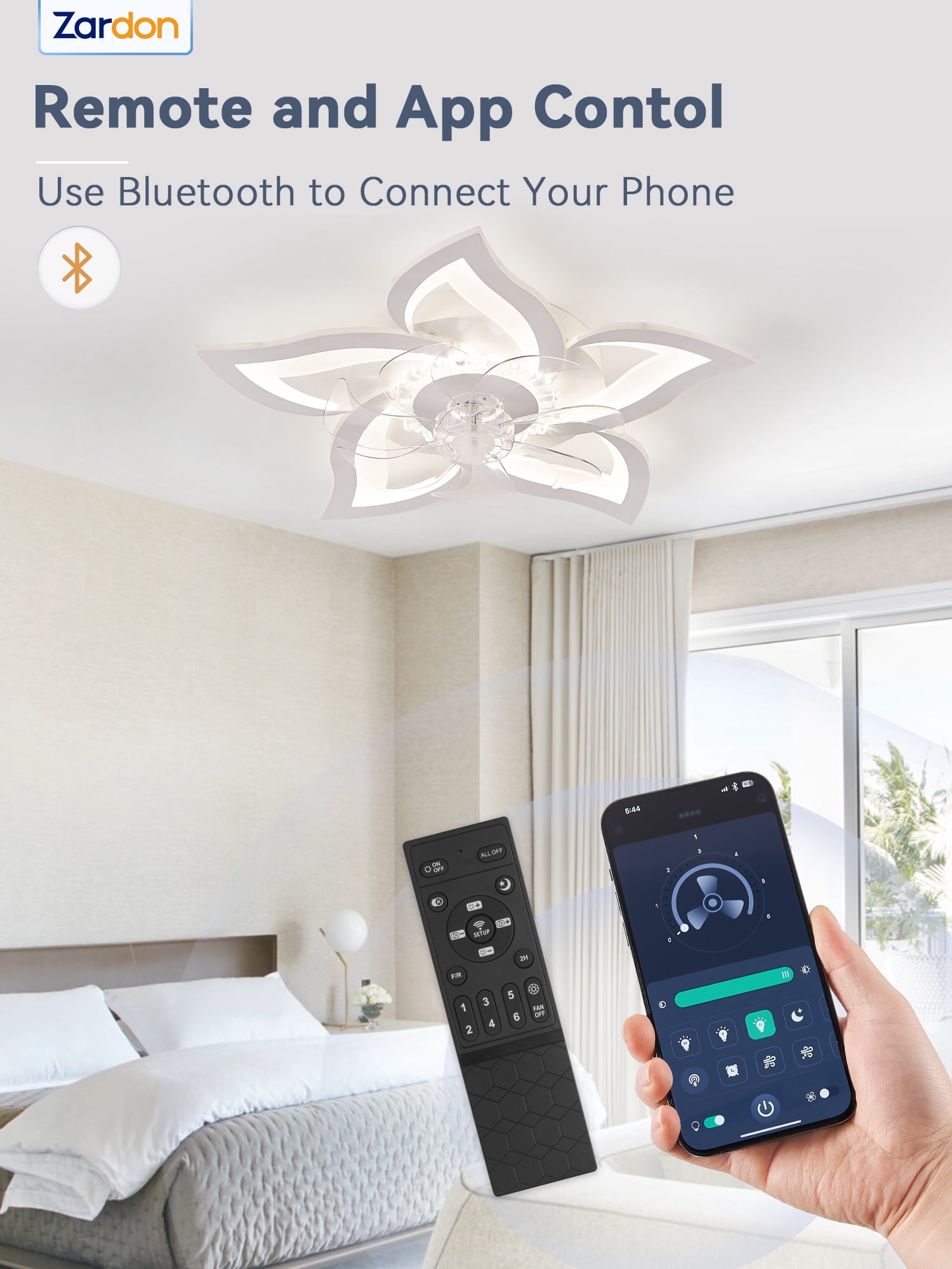Zardon 27" Flower Ceiling Fan with LED Lights and Remote Control, Flush Mount Ceiling Fan for Indoor Bedroom Living Room, Low Profile - White