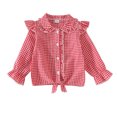 thumbnail image 3 of YDFCWXW Girls Long Sleeve Plaid Ruffle Button Down Shirt Cowgirl Western Tie Front Blouse 5-14 Years (Red, 5-6 Years), 3 of 9