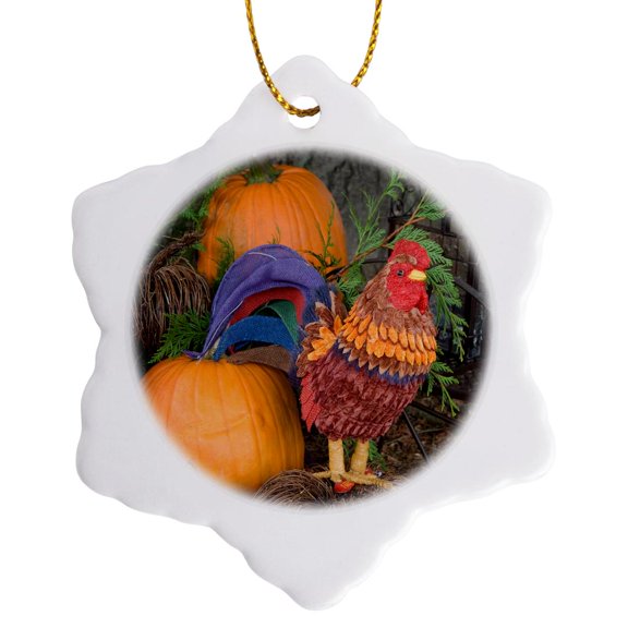3drose, Canada, B.c., Cowichan Valley. Pumpkins and Folk Art Rooster, 3 inch Snowflake Porcelain Ornament