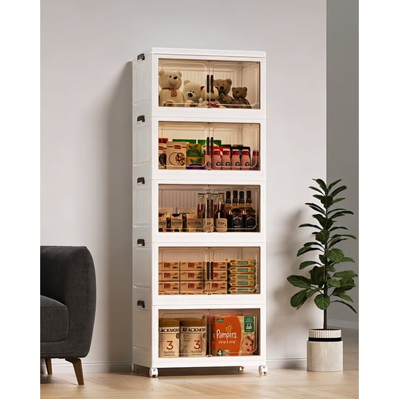 Asnews 5 Tier Stackable Storage Bins with Lids & Magnetic Doors, 55 QT Foldable Storage Cabinet with Wheels, Transparent Plastic Storages Drawers for Bedrooms, Living Rooms, and Studies