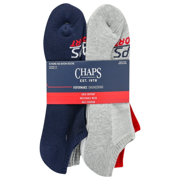 Chaps, Adult Mens, 6-Pack Sports Performance No Show Socks, Sizes 6-12