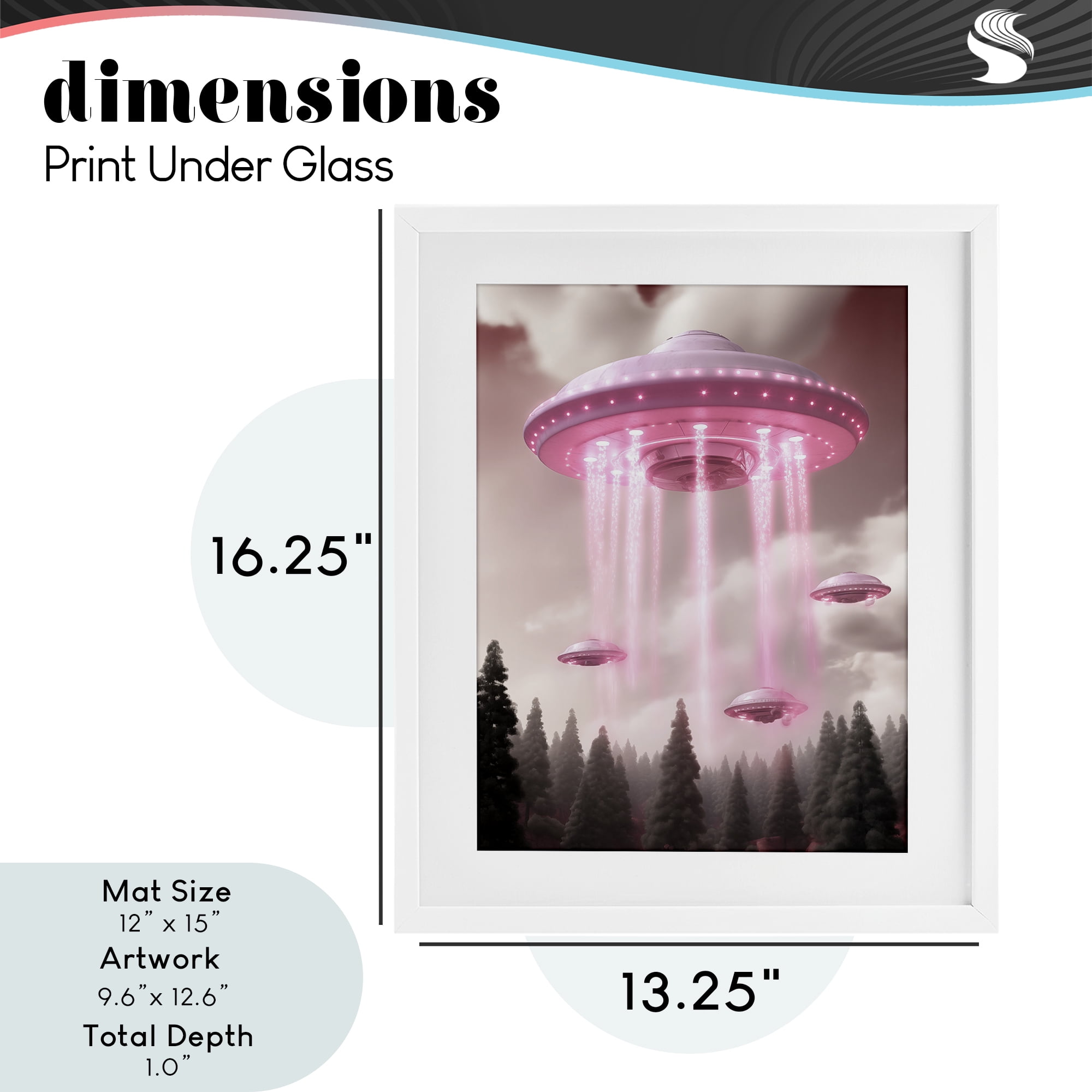 Glam UFO with Pink Beams White Framed Print Under Glass, design by Sasha