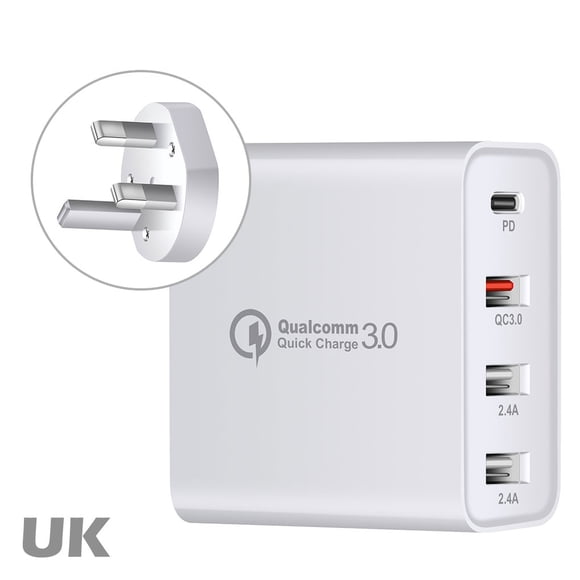 ziyahi Chargeur de Téléphone 48W USB Type-c PD Adaptateur de Charge Rapide 4 Ports Chargeur Portable de Voyage, Blanc, Prise UK
