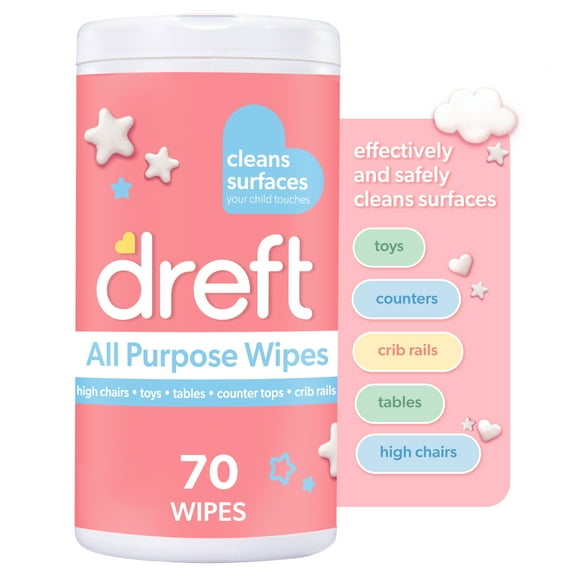 Dreft All Purpose Baby Cleaning Wipes, 70 Count, Safe on Baby Essentials, Surface Clean