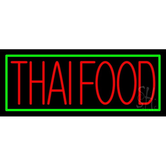 Red Thai Food Green Border LED Neon Sign 13 x 32 - inches, Black Square Cut Acrylic Backing, with Dimmer - Bright and Premium built indoor LED Neon Sign for restaurant window and interior decor.