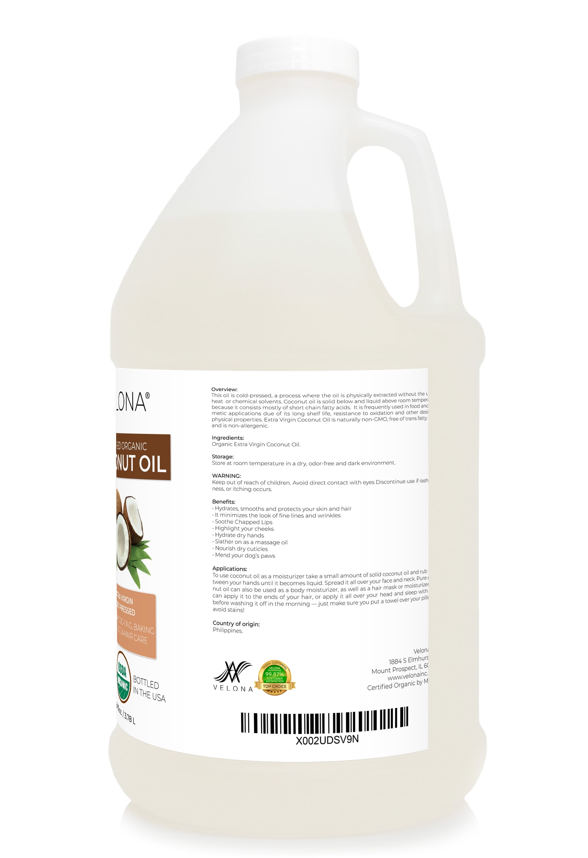 Velona USDA Certified Organic Coconut Oil Extra Virgin - 1 Gallon / 128 Fl Oz | Food and Cosmetic Grade | in jar | Extra Virgin, Cold Pressed | Skin, Face, Body, Hair Care | Use Today - Enjoy Results
