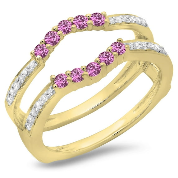 Dazzlingrock Collection 14K Pink Sapphire & White Diamond Wedding Band 5 Stone Enhancer Guard Double Ring, Yellow Gold, Size 7