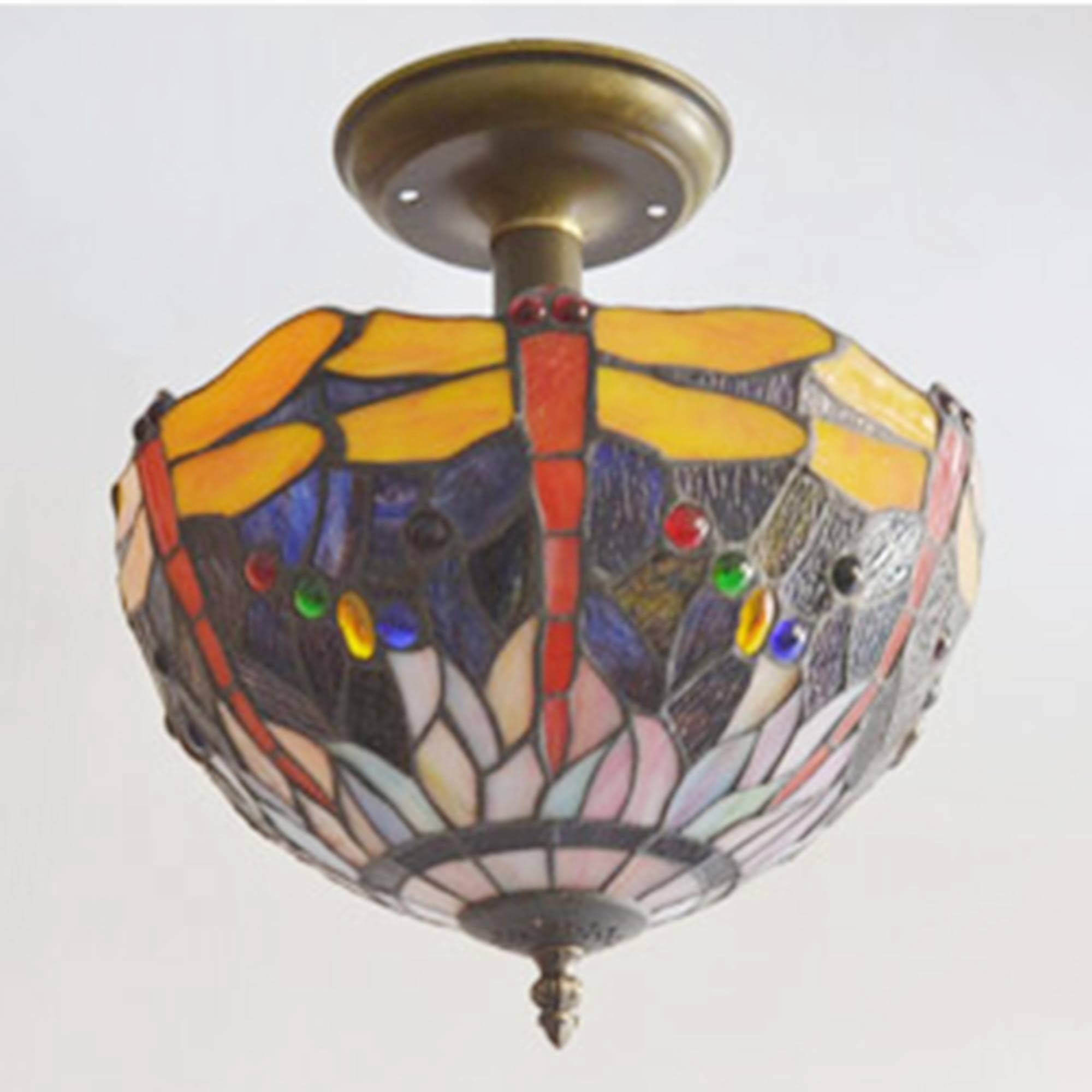 Kiven 11.8in Plug-in Flush Mount Ceiling Light Fixture, 2-Light Anti Glare Close to Ceiling Light with 15FT Cord, Tiffany-Style Glass Chandelier Dimmable for Bedroom Kitchen Hallway(No.3182)