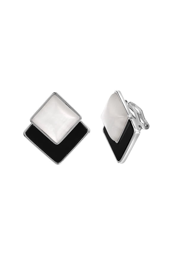 Geometric Large Clip on Earrings for Women Square Silver Black Two-Tone Opal Earrings Non Pierce Ears Clips Hypoallergenic Jewelry