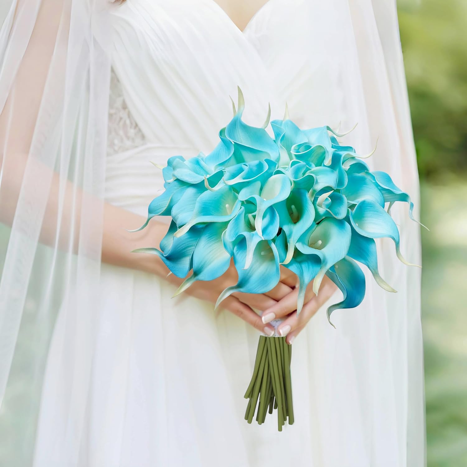 24 Pcs Artificial Calla Lily Flowers Fake Silk Flowers Real Touch for Wedding Bouquet Office Home Kitchen Decor (Peacock Blue)