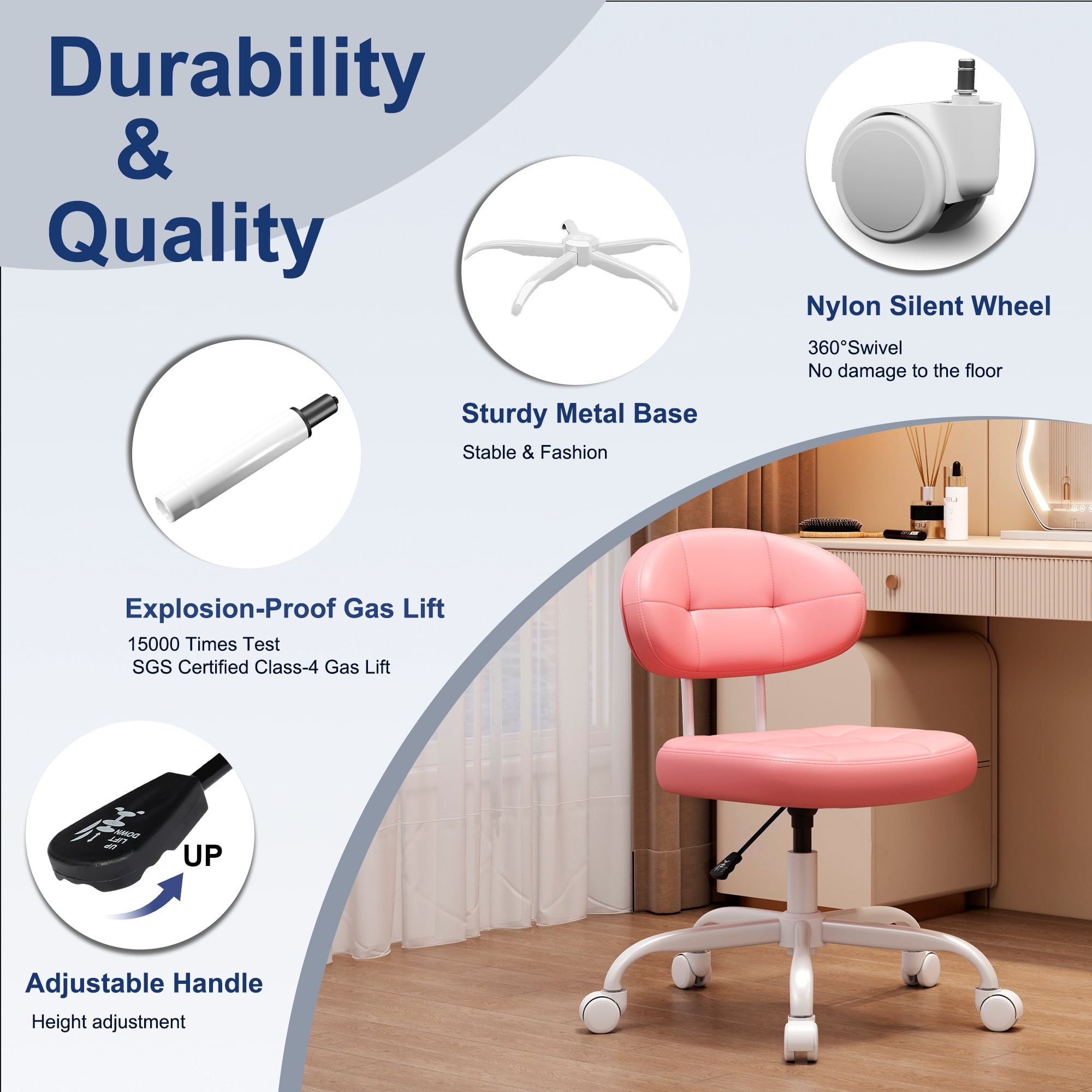 Misolant Vanity Chair with back, Small Armless Cute office Chair with wheels and Lumbar support, Comfy PU Leather Desk Computer Chairs with Adjustable Height, 360°Swivel for Home Bedroom Office