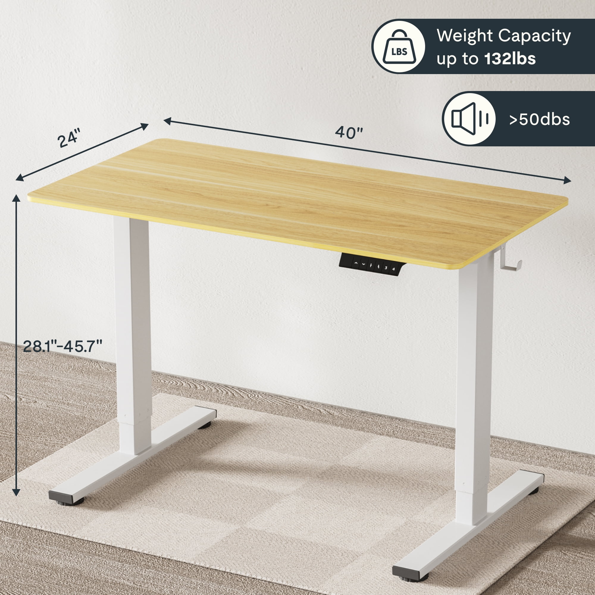 FitStand Adjustable Standing Desk 40"x24", One-Piece Desktop Electric Sit Stand Desk with 176lbs Load, 4 Memory Heights & 2 Hooks for Home Office, Maple