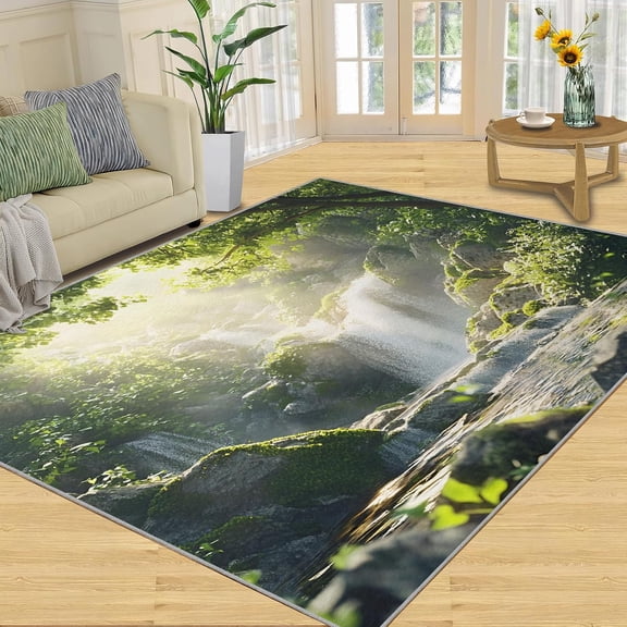 Waterfall Forest Jungle Area Rugs, Green Natural Landscape Carpet, Washable Non Slip Low Pile Soft Rug for Living Room Bedroom Dining Room Home Office Decor Mat 3x5ft