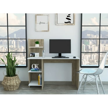 Triple Tree 47" W x 17.7" D Home Office Computer Desk, Wooden Writing Desk Studying Table with 4 Storage Shelves for Living Room, Bedroom, White&Brown