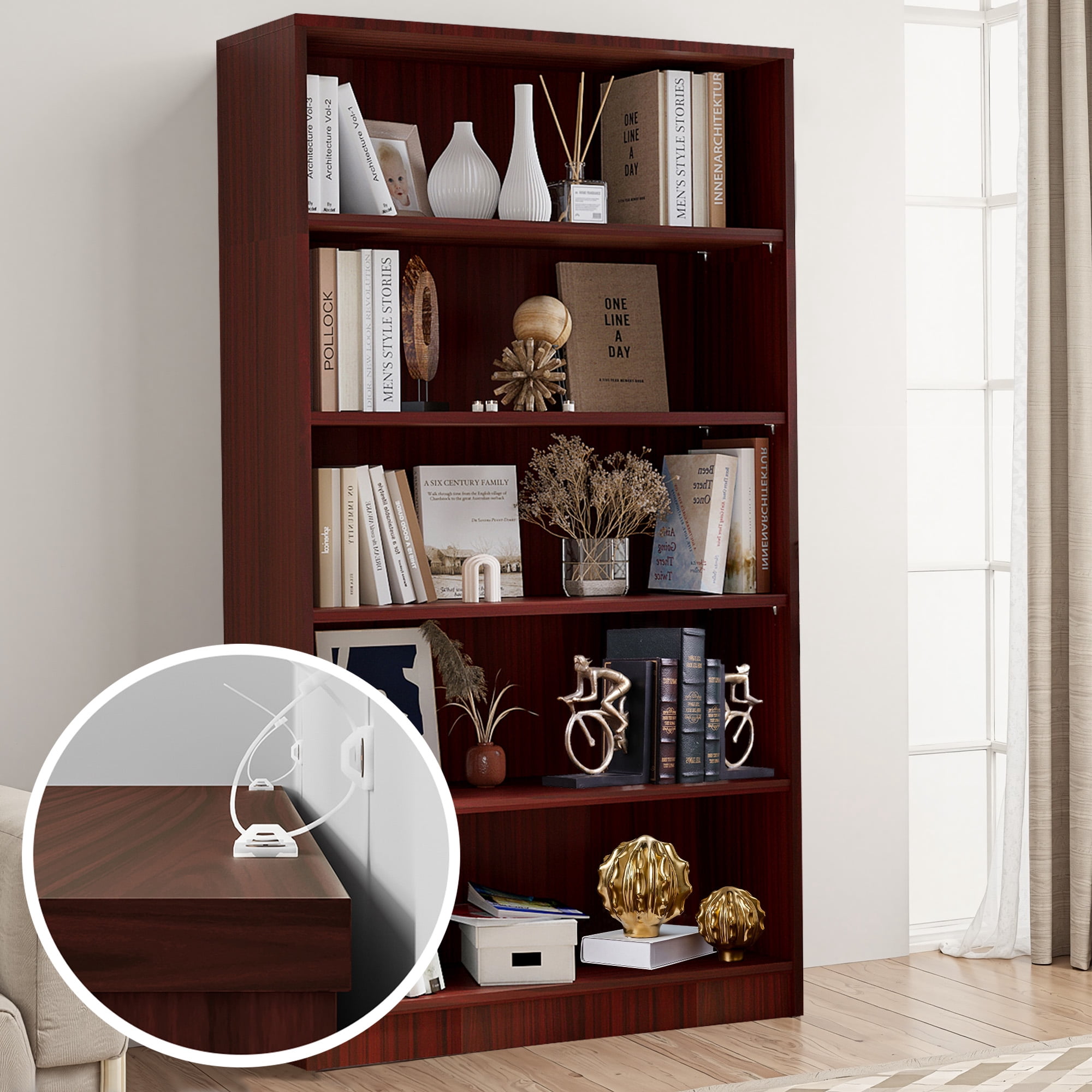 MAYEERTY 5-Shelf Black Wood Bookcase, 60" Tall, for Bedroom, Cherry