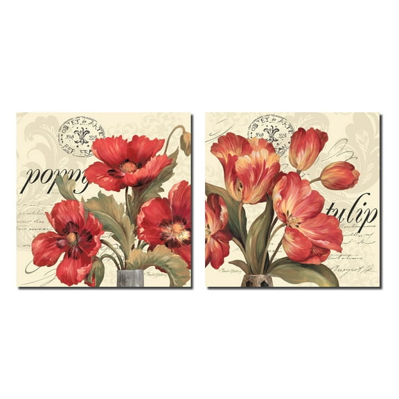 Red & White I Vintage French Postcard and Red Flowers; Floral Decor; Two 12x12 Poster Prints
