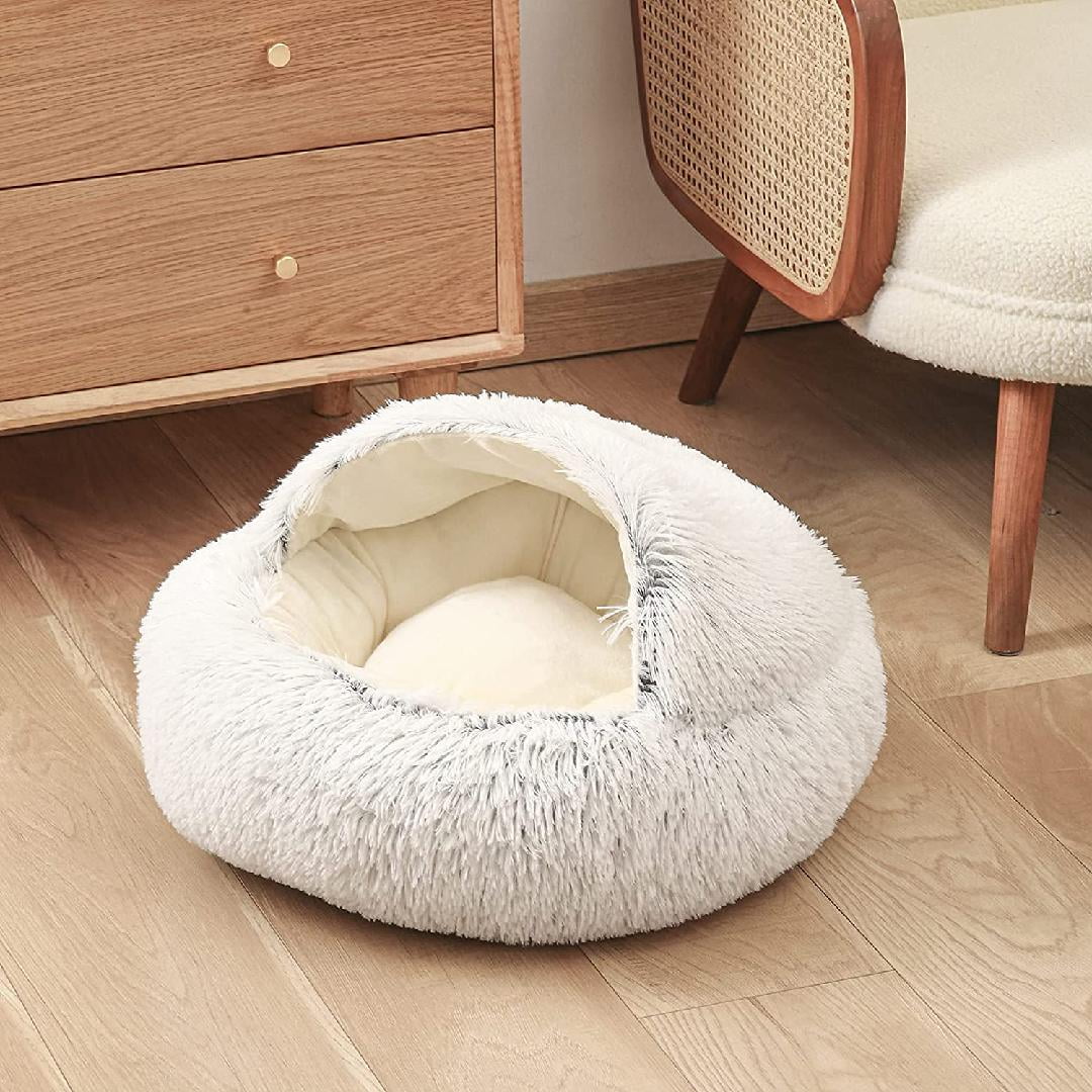 Round Dog Bed with Attached Blanket Velvet Round Bolster Dog Bed Modern