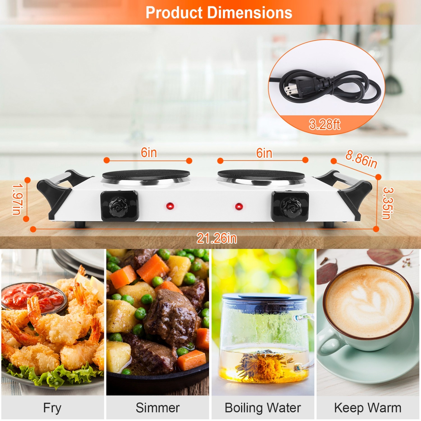 2000W Dual Burner Electric Hot Plate with 5 Temperature Settings, Portable Countertop Stove for All Flat Cookware, Portable Electric Stove for Dorms, RVs, Apartments