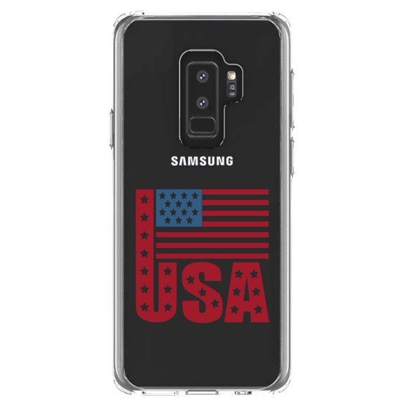DistinctInk Clear Shockproof Hybrid Case for Samsung Galaxy S9  PLUS (6.2" Screen) - TPU Bumper Acrylic Back Tempered Glass Screen Protector - USA Flag Banner Red White & Blue