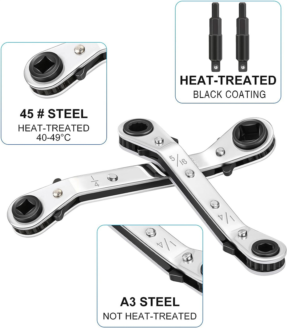 Hvac Service Wrench, Refrigeration Service Wrench Set, 3/8” to 1/4”, 5/16'' x 1/4'' Ratcheting Service Wrench with Hex Bit Adapter for Air Conditioning, Refrigeration Equipment,Equipment Repair