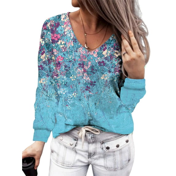LilyLLL Plus Size Womens Long Sleeve V Neck Casual Loose Floral Blouse T Shirt Tops