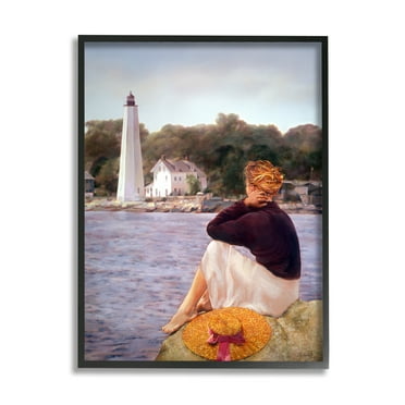 Stupell Industries Woman at Shoreline Coast Lighthouse Realistic Nautical Painting, 11 x 14, Design by Robert Desantis