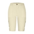 thumbnail image 5 of Cargo Shorts Women Knee Length Breathable Linen Bermuda Shorts with Pockets Elastic Waist Linen Capris Pedal Pushers Light Brown S, 5 of 6
