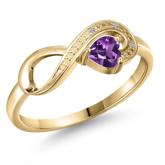 Gem Stone King 10K Yellow Gold Purple Amethyst and White Diamond Accent Infinity Ring for Women (0.25 Cttw, Heart Shape 4MM, Gemstone February Birthstone, Size 5)