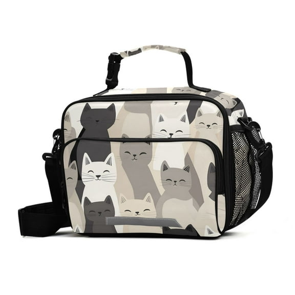 FORMRS Student Lunch Bag Insulated Reusable Cooler Box with Zipper Pockets, Beige Cute Cats