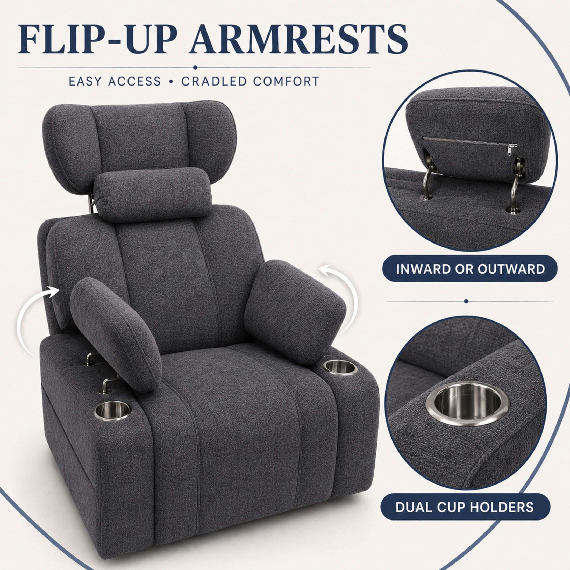 GDF Studio Turden 360° Swivel Manual Rocking Recliner with Detachable Neck Pillow, Versatile Lounge Chair, Dark Gray
