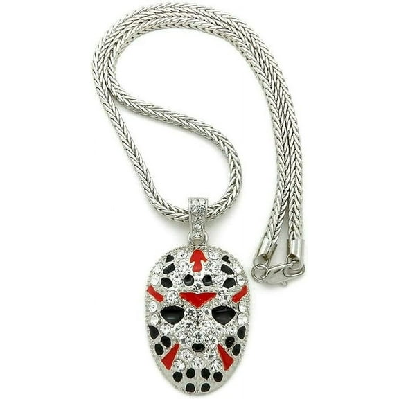 Hip Hop Iced Silver Plated JASON MASK Cubic Zirconia Pendant & 4mm 18" Stainless Steel Franco Choker Chain Necklace Set