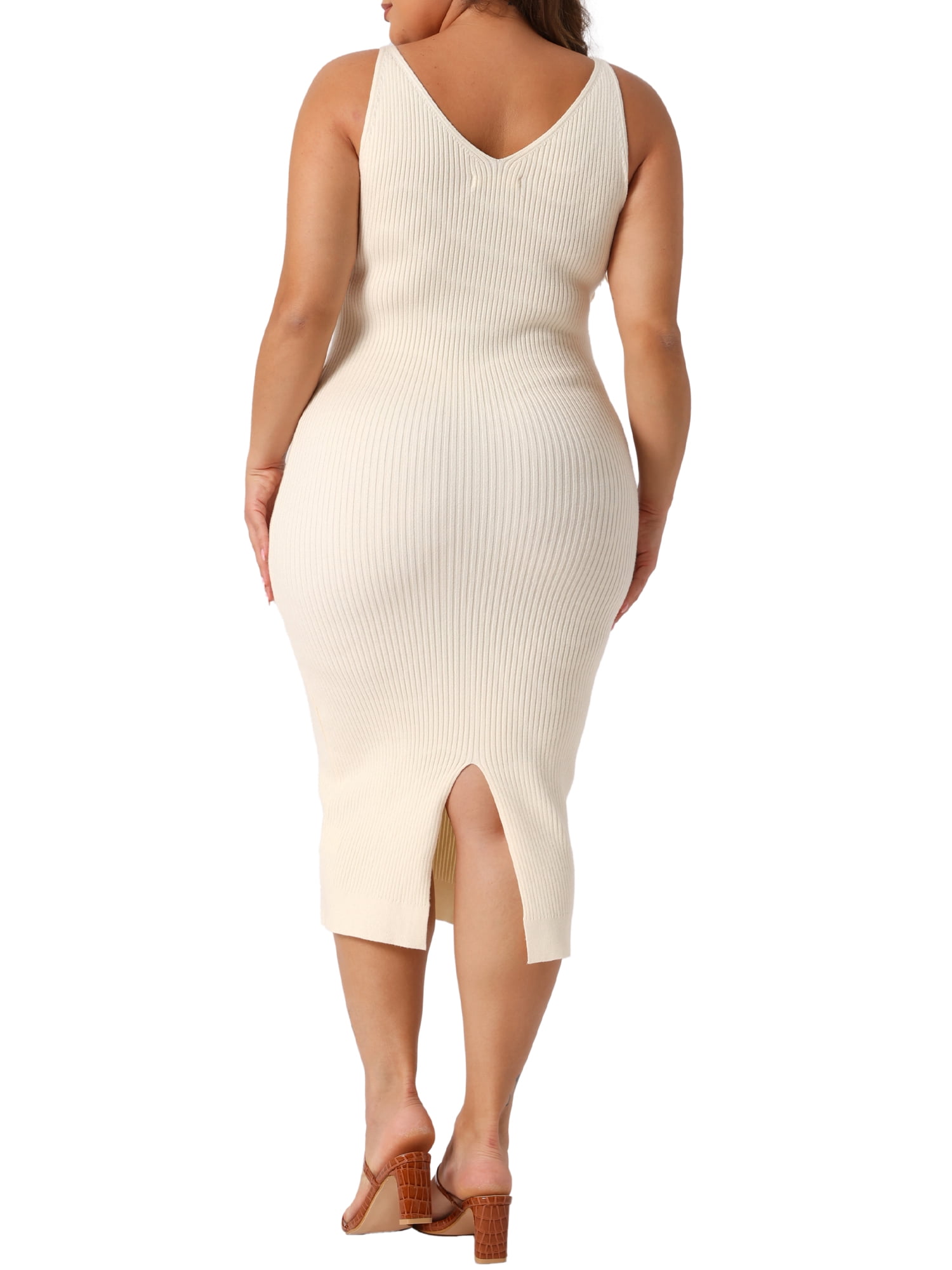 DARING DIVA Plus Size Sweater V Neck Ribbed Knit Bodycon Dress 1X Beige