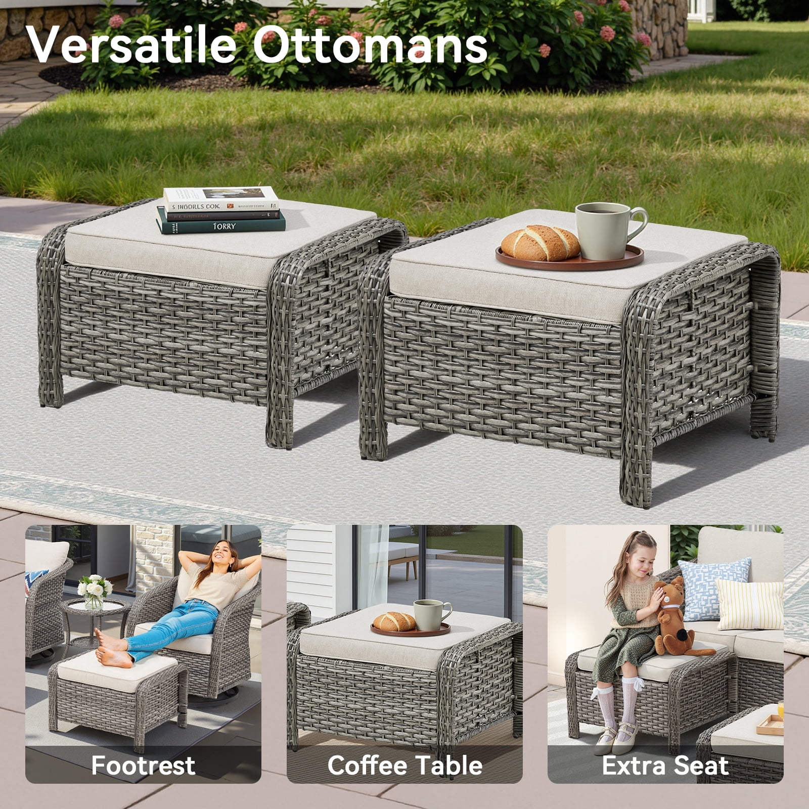 Hommoo Outdoor PE Wicker Ottomans Set of 2, Patio Rattan Footrests with Cushion for Backyard & Deck, Gray