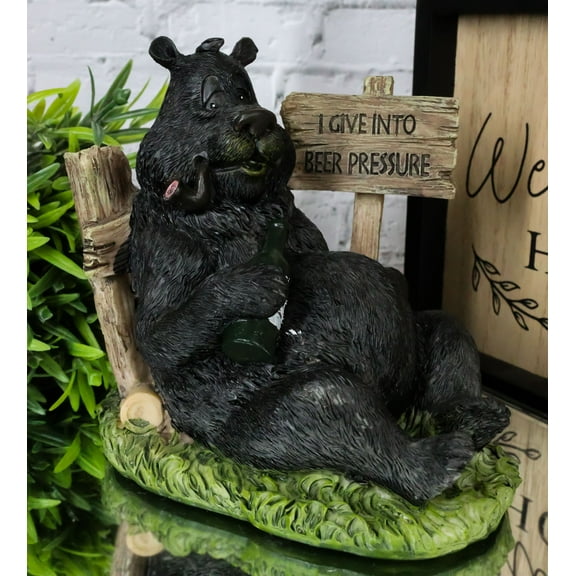 Rustic Western Forest Drunk Black Bear Smoking Pipe And Drinking Beer Figurine