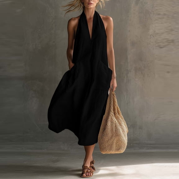 ClodeEU Women's Halter Neck Sleeveless Midi Dress,Casual A Line Flowy Sundress with Pockets Black,Women's Plus L