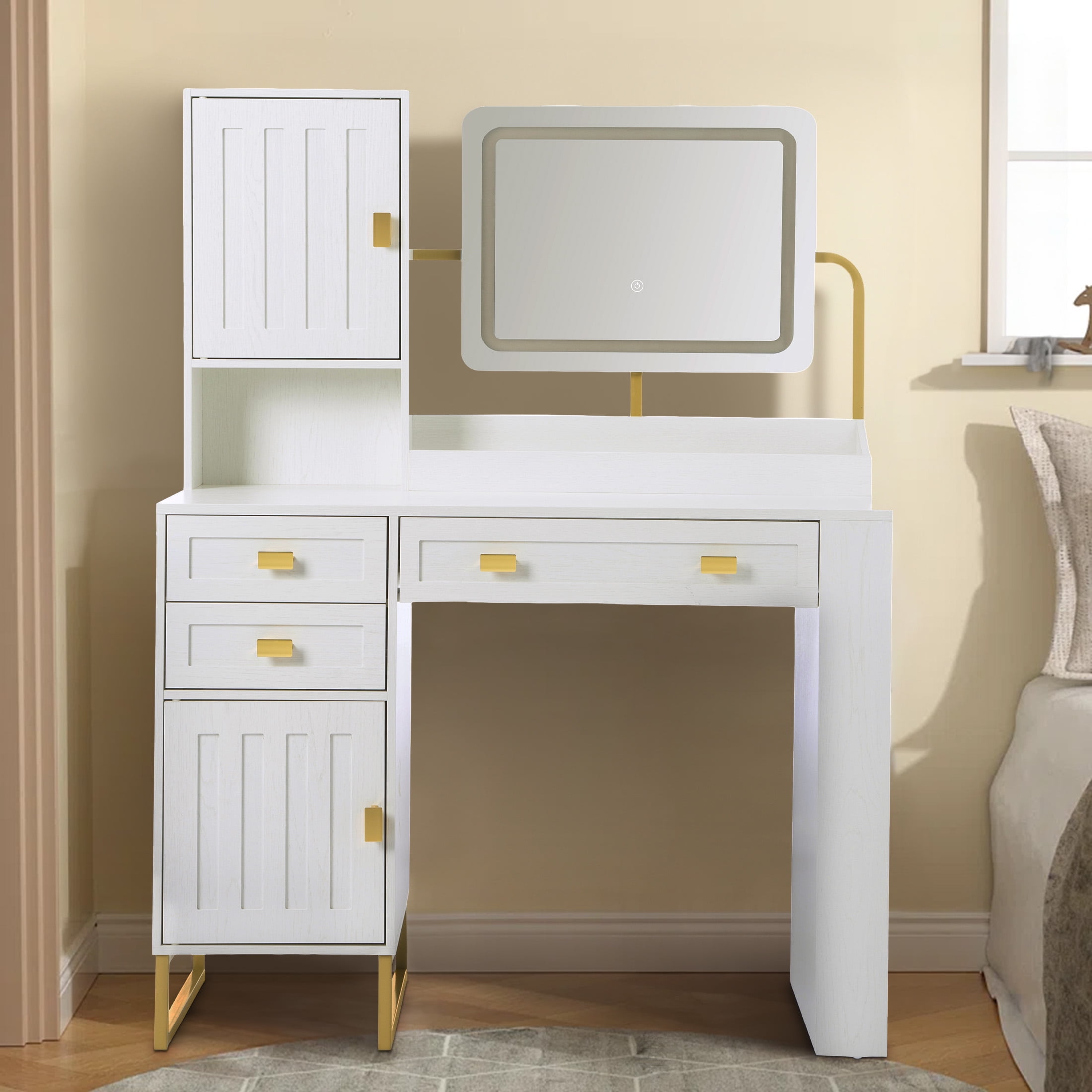 Aukfa Vanity Desk with Mirror & Side Rack,Makeup LED Vanity Table for Bedroom,White