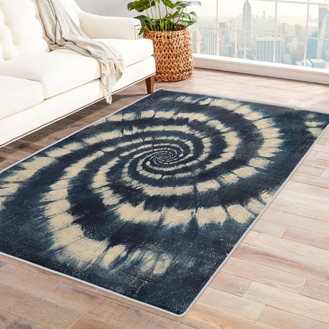 Tie Dye Rugs for Girls Room - Washable Rugs Tie Dye Rug & Home Decor, 2x3 Area Rug, Psychedelic Tie Dyed Rugs for Entryway, Non Slip Low Pile Small Indoor Door Mat, Navy Blue and Beige Carpet