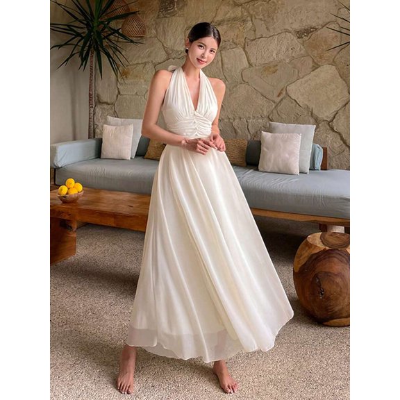 White Halter Neck Backless Maxi Dress With Ruched Bodice Elegant Sundress For Wedding Vacation Cocktail