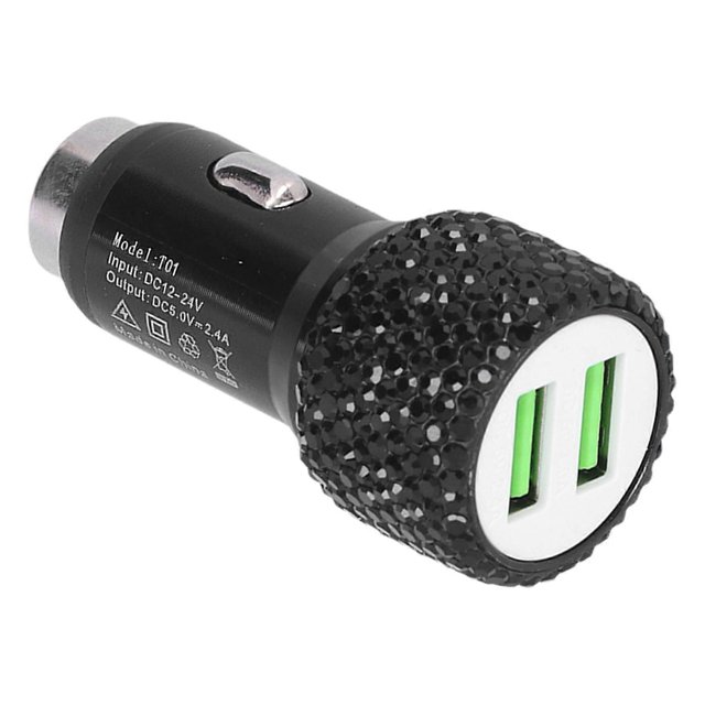 USB Car Charger 5V Rhinestone Decoration Dual Port Fast Charging Adapter Car Interior AccessoryBlack